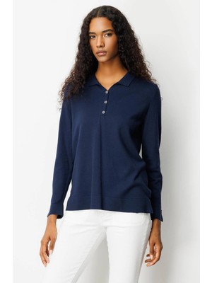 Desen Triko Kadın Polo Yaka Yakası ve Kolu Düğmeli Bluz 25391 Lacivert