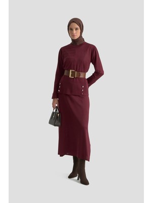 Armine Trend Düğme Detaylı Etekli Triko İkili Takım Bordo 25KTD6107