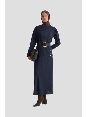 Armine Trend Düğme Detaylı Etekli Triko İkili Takım Lacivert 25KTD6107