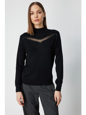 On Kadın Transparan Detaylı Triko Kazak 60483 Siyah