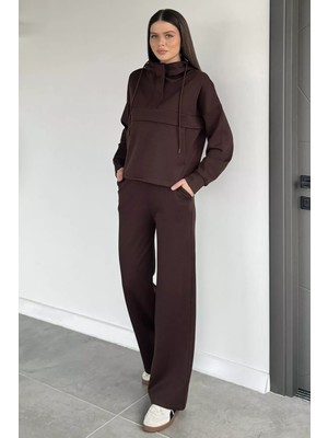 Gülseli Kadın Ön Yarım Fermuarlı Kapüşonlu Şardonlu Sweat Bel Lastikli Pantolon Ikili Takım P-00019811