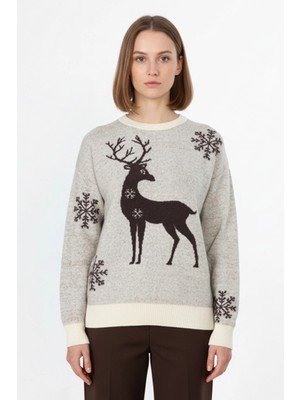 On Kadın Geyik Desenli Triko Kazak 63324 Ekru