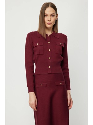 On Kadın Süs Düğmeli Kapak Cepli Triko Kazak 69507 Bordo