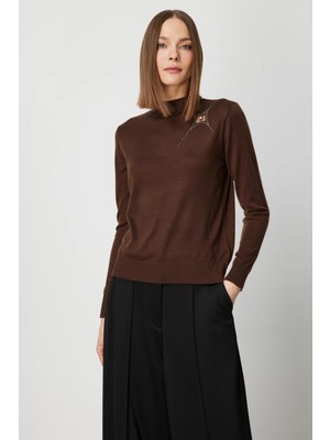 On Kadın Omzu Taş Detaylı Triko Kazak 60453 Kahverengi