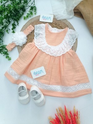 Miomini Güpür Yaka Eteği Dantel Müslin Elbise Somon - 18 Ay