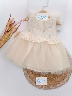 Moes Tül Fırfır Yaka Fistolu Kabarık Elbise Sütlü Kahve - 6-9 Ay