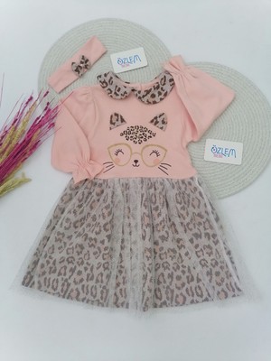 Minizeyn Şirin Kedi Leopar Somon Elbise 3-6 Ay