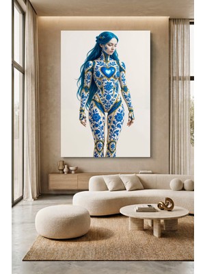 Wallivo Mavi Saçlı Delft Porselen ve Altın Gövdeli Android Kanvas Tablo