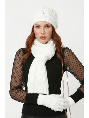 Nacar Çarşı Kadın Beyaz Saç Örgü Desenli Triko Bere Atkı Eldiven Takımı Set