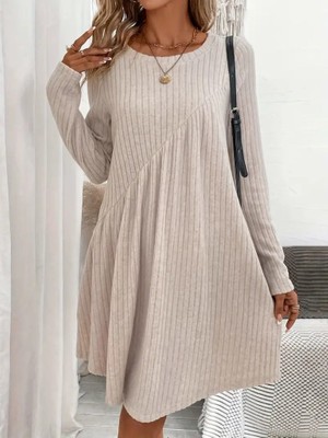 Yaman Market Kadın Uzun Kollu Yuvarlak Yaka Asimetrik Detaylı Kiloş Şardonlu Kaşkorse Elbise