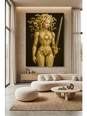Wallivo Altın Kılıç Tutan Çiçekli Porselen Gövdeli Çarklı Medusa Kanvas Tablo