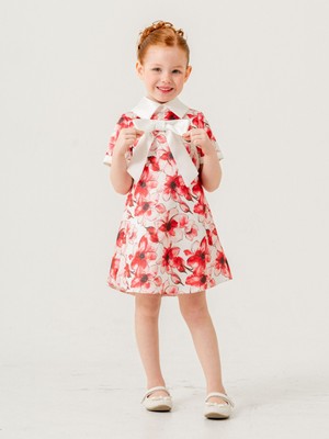 Babyhola 3-7 Yaş Japon Stil Bebe Yaka Çiçek Desenli Saten Kız Çocuk Özel Gün Elbise 7092