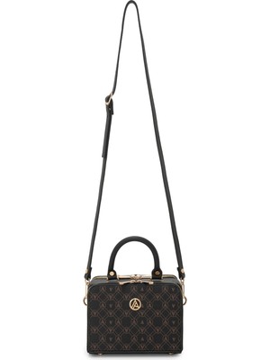 Armine Trend Piramit Çift Körüklü Omuz ve El Çantası Siyah Baskılı ARM168