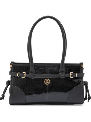 Armine Trend Önden Kemerli Kol Askılı Çanta Siyah Kroko ARM176