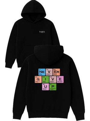 Vsrn Never Give Up Tasarım Baskılı Oversize Siyah Kapüşonlu Sweatshirt