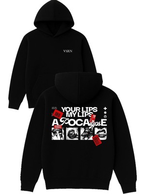 Vsrn Your Lıps Tasarım Baskılı Oversize Siyah Kapüşonlu Sweatshirt