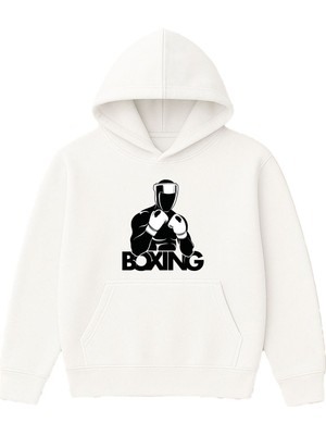 Vsrn Boxing Tasarım Baskılı Oversize Beyaz Kapüşonlu Sweatshirt