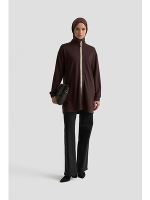 Armine Trend Simli Şerit Detaylı Yarım Fermuarlı Tunik Kahverengi 25KT407
