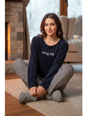 Remsa Kadın Desenli Kadife Kumaş Pijama Takımı 13314-2456 Lacivert