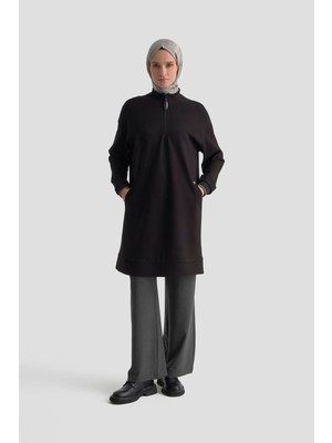 Armine Trend Yarım Fermuarlı Kolları Ribanalı Cepli Örme Tunik Siyah 25KT461