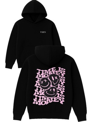 Vsrn Tıme Is Tasarım Baskılı Oversize Siyah Kapüşonlu Sweatshirt