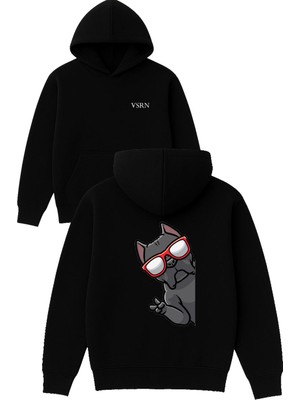 Vsrn Gözlüklü Köpek Tasarım Baskılı Oversize Siyah Kapüşonlu Sweatshirt