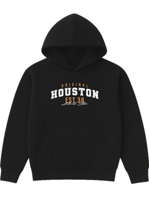 Vsrn Houston Tasarım Baskılı Oversize Siyah Kapüşonlu Sweatshirt