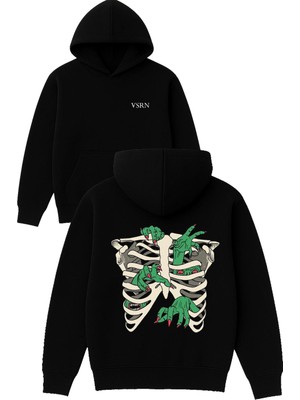 Vsrn Iskelet Kafesi Tasarım Baskılı Oversize Siyah Kapüşonlu Sweatshirt