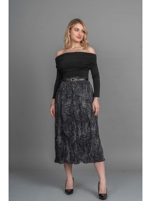 MissVina Kraş Beli Lastikli ve Kemerli Astarlı Midi Etek 6852