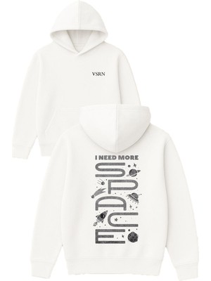Vsrn I Need More Space Tasarım Baskılı Oversize Beyaz Kapüşonlu Sweatshirt