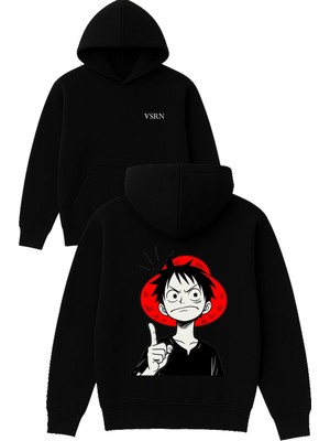 Vsrn Kırmızı Şapkalı Anime Tasarım Baskılı Oversize Siyah Kapüşonlu Sweatshirt