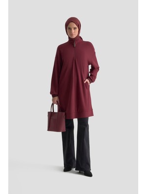 Armine Trend Yarım Fermuarlı Kolları Ribanalı Cepli Örme Tunik Bordo 25KT461