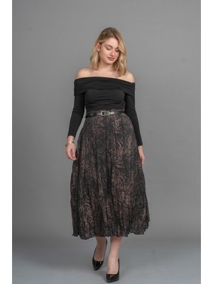 MissVina Kraş Beli Lastikli ve Kemerli Astarlı Midi Etek 6852