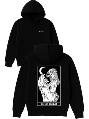 Vsrn Love Hard Tasarım Baskılı Oversize Siyah Kapüşonlu Sweatshirt