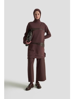 Armine Trend Deri ve Fermuar Detaylı Fitilli Tunik Kakao 25KT452
