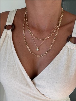 Hercy Zirkon Taşlı Zincir Kombin Kolye | Altın Kaplama Kolye | Çoklu Kolye | 3'lü Kolye