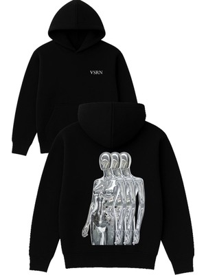 Vsrn 3 Metal Kadın Tasarım Baskılı Oversize Siyah Kapüşonlu Sweatshirt