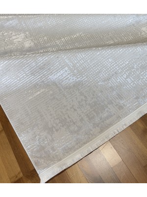 Elvey Home Krem Açık Gri Saten Bambu Ince Sık Dokuma Parlak Yüzey Kaymaz Özel Ölçü Salon Koridor Halı Yolluk