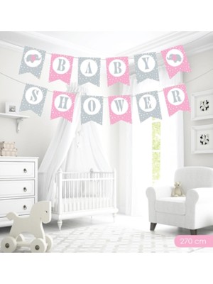 Best Parti Baby Shower Pembe-Gri Zigzak Banner
