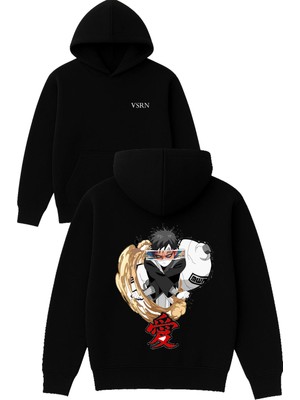 Vsrn Güçlü Anime Tasarım Baskılı Oversize Siyah Kapüşonlu Sweatshirt
