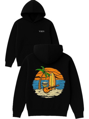 Vsrn Kum Deniz Güneş Tasarım Baskılı Oversize Siyah Kapüşonlu Sweatshirt