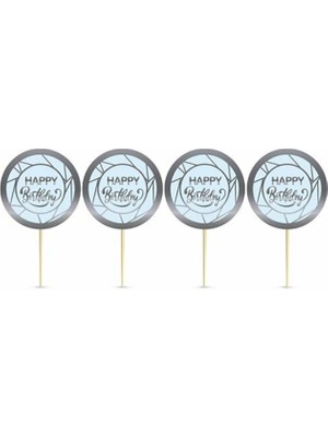 Rönesans Parti 8'li Pasta Kürdanı Happy Bırthday Gümüş Yaldızlı Mavi