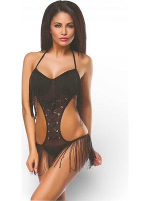 New Dreams Dantelli Tüllü Fantezi Body, Kadın Iç Giyim, Bağcıklı Tasarım, Saçaklı Püskül Detaylı, Modern Stil