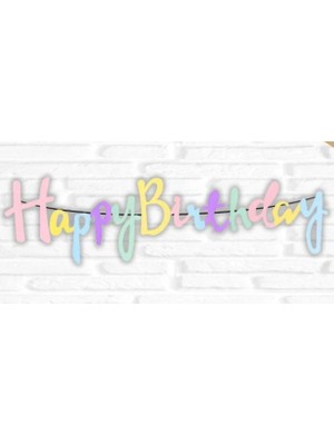 Rönesans Parti Happy Bırthday Makaron Renk Kaligrafi Banner