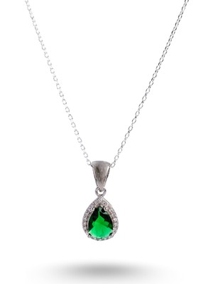 925 Ayar Gümüş Yeşil Zirkon Taşlı Pırlanta Montür Damla Trend Kadın Kolye Sevgililer Günü Hediye