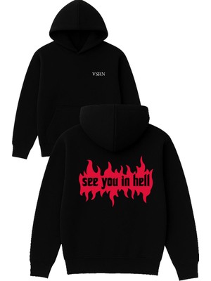 Vsrn See You In Hell Tasarım Baskılı Oversize Siyah Kapüşonlu Sweatshirt
