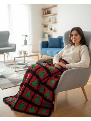 Artepieza Coton El Yapımı Christmas Temalı Diz Battaniyesi ve Koltuk Şalı-Irmızı Yeşil Yılbaşı Ağacı Motifli El Örgüsü Battaniye (100X200)