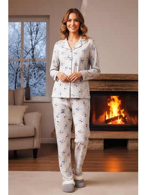 Remsa Büyük Beden Kadın Tavşan Desen Önü Düğmeli Suprem Pijama Takımı 0515 GRI08