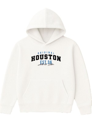 Vsrn Houston Tasarım Baskılı Oversize Beyaz Kapüşonlu Sweatshirt