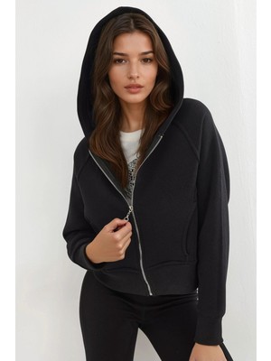 Hiccup Kadın Rahat Kesim Kapüşonlu Fermuarlı Hoodie Siyah